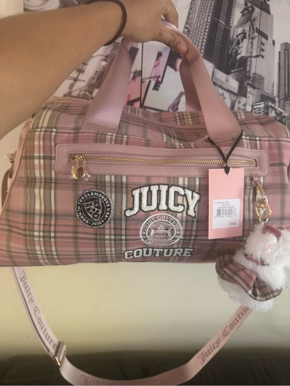 Juicy Couture Pink Plaid Travel Duffle with Logo Patches